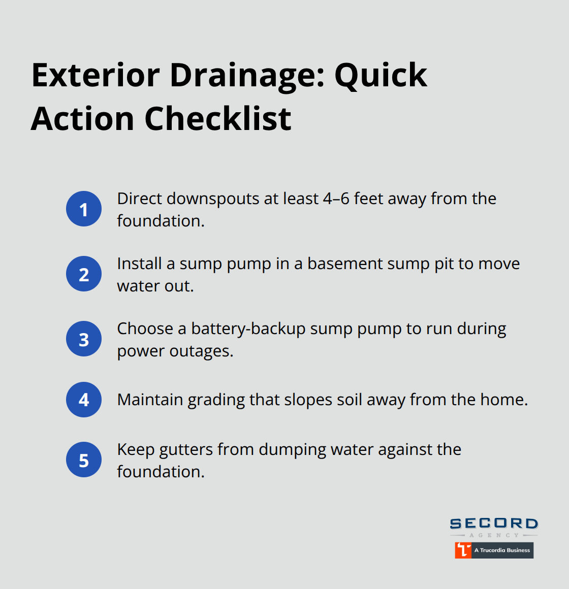 Checklist of exterior drainage steps to reduce flood risk around a home.