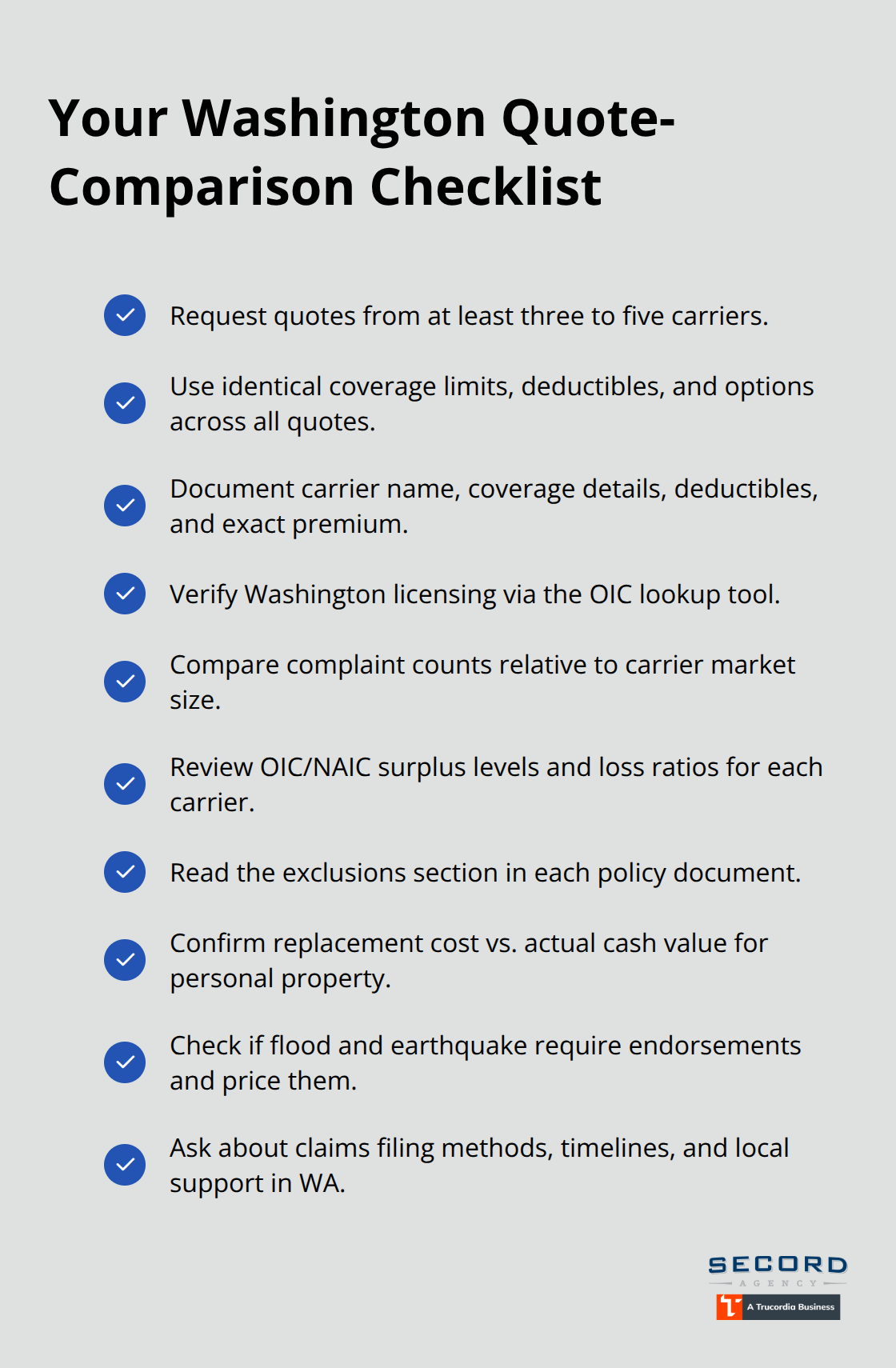 Checkmark list of steps to request, compare, and validate insurance quotes in Washington. - Insurance carrier comparison WA