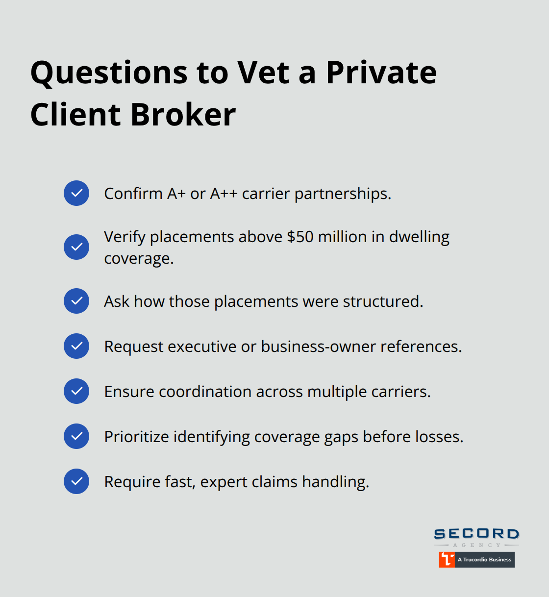 Checklist of key questions U.S. executives should ask when selecting a private client insurance broker.