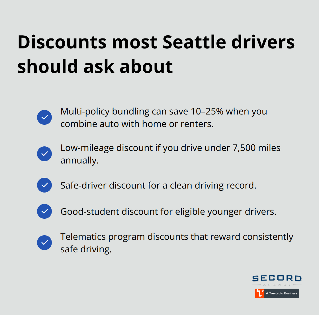 Checklist of common car insurance discounts available in Seattle