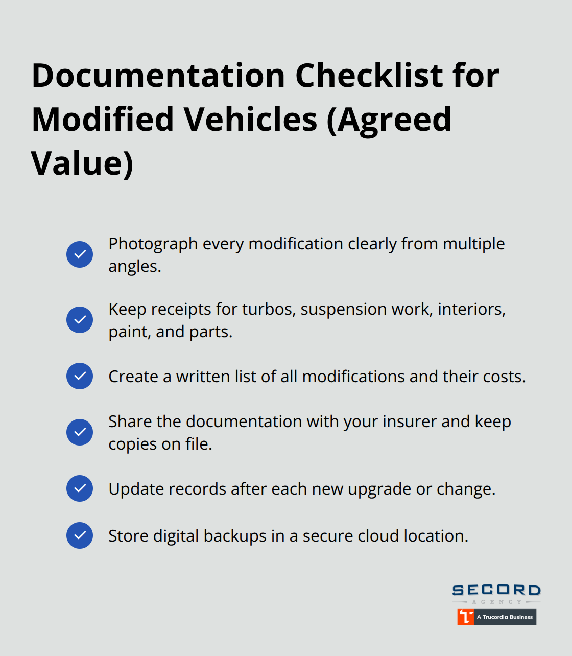 Checklist of documentation steps to protect custom and modified vehicles under agreed value coverage. - Specialty vehicle insurance WA