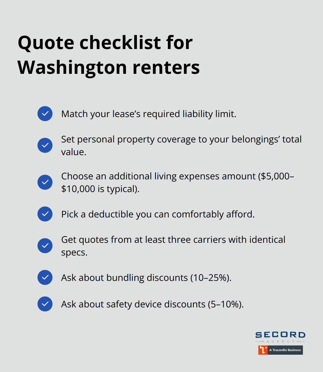 Checklist of what to specify and ask for when comparing renters insurance quotes in Washington. - Tenant liability insurance WA