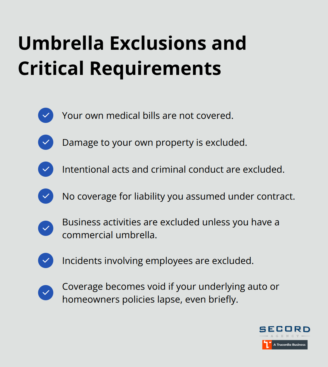 Checkmark list summarizing umbrella insurance exclusions and the need to maintain continuous underlying coverage. - Umbrella insurance Seattle residents
