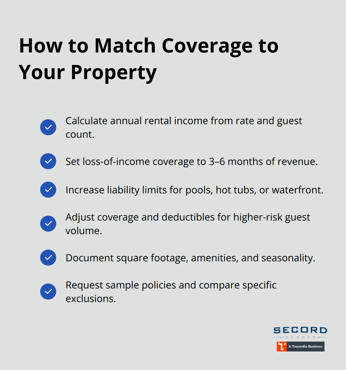 Checklist of steps to align Washington vacation rental insurance with property type and guest volume.