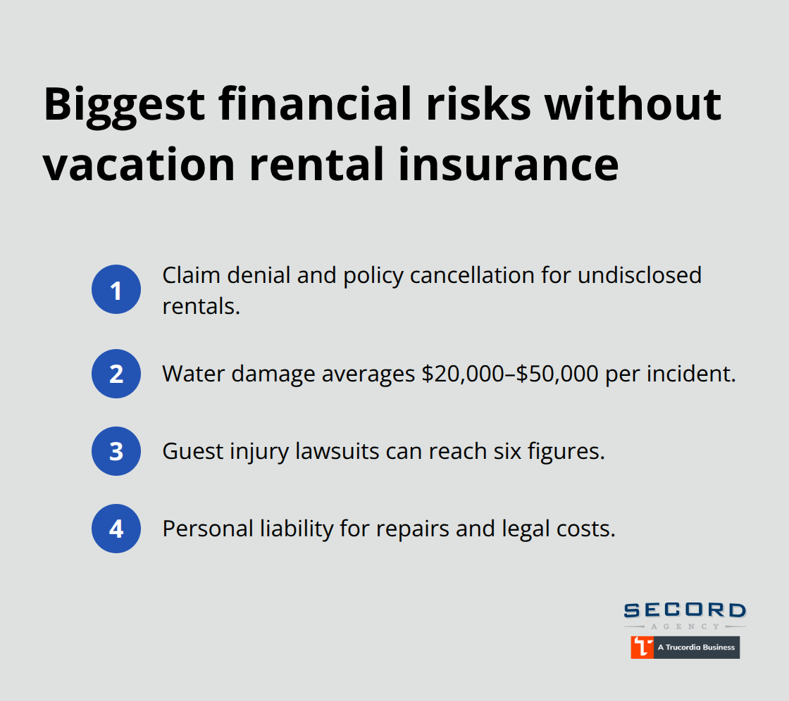 Key uninsured risks for U.S. vacation rental hosts, including claim denial, costly water damage, six-figure injury suits, and personal liability. - Vacation rental insurance policy