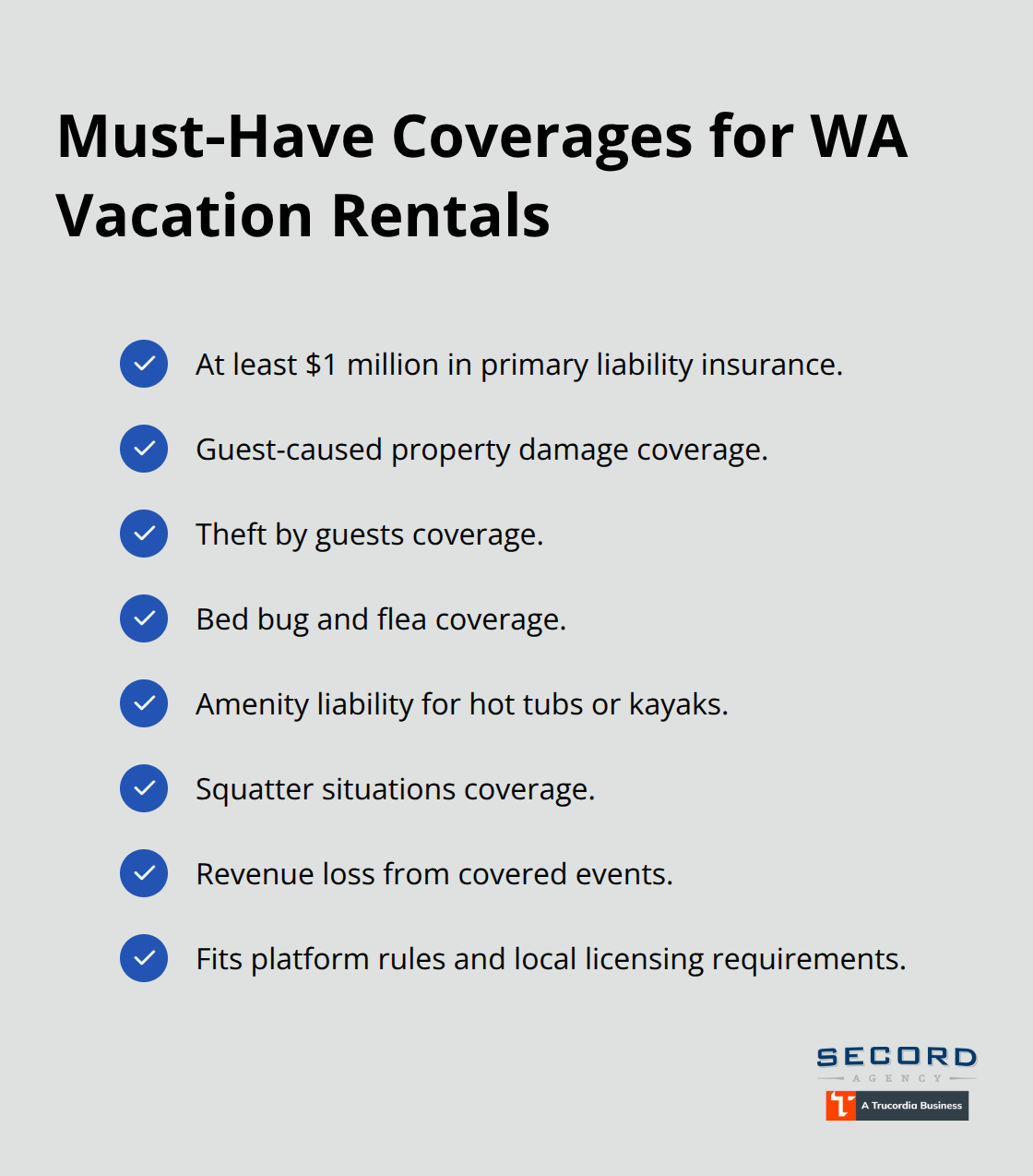 Checklist of essential short‑term rental insurance coverages for Washington hosts - WA vacation rental policy