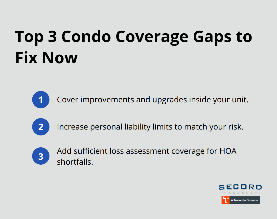 Compact list of the three most common condo insurance coverage gaps to address immediately.