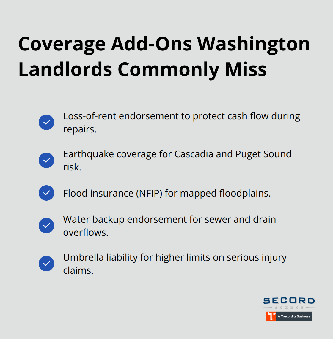Checkmarked list highlighting critical landlord insurance add-ons for Washington properties. - Washington landlord insurance quotes