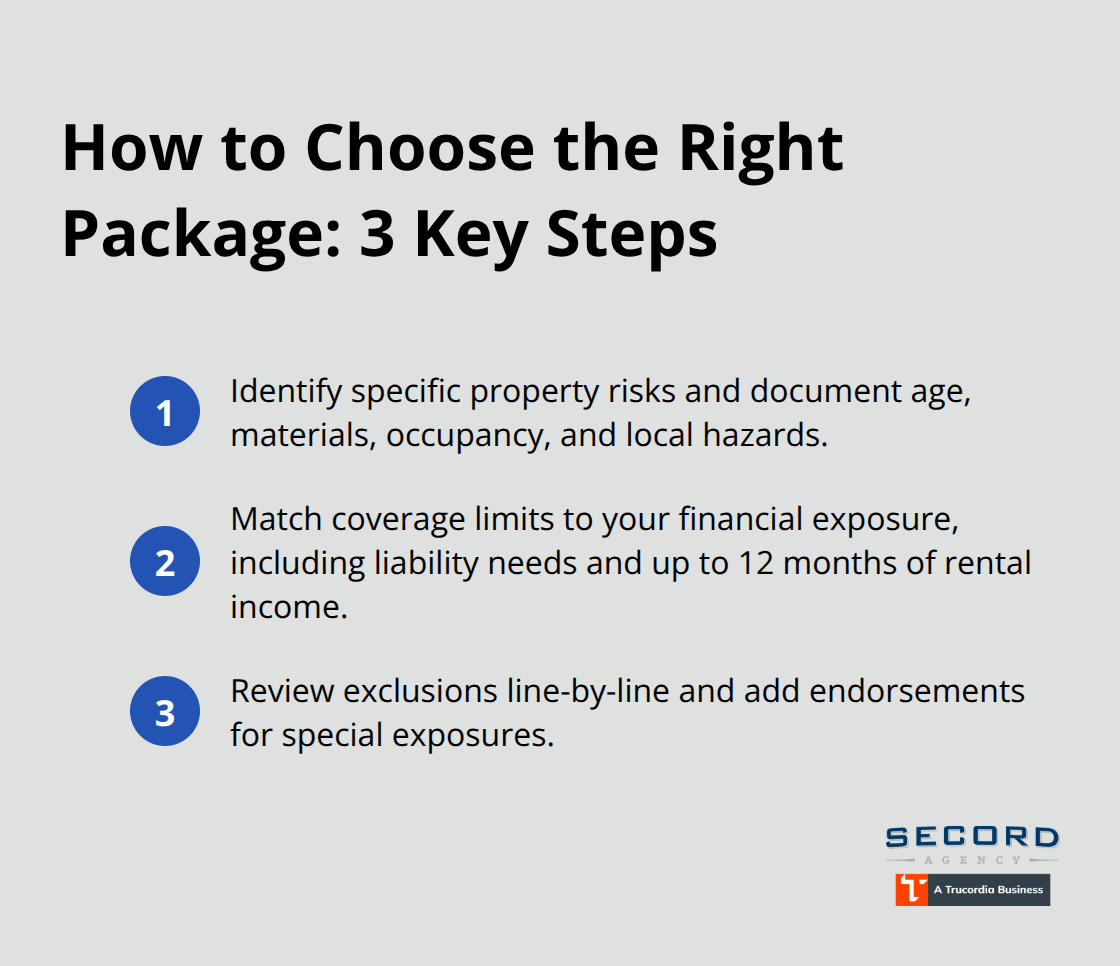 Compact checklist of three steps for selecting the right commercial landlord insurance in Washington.