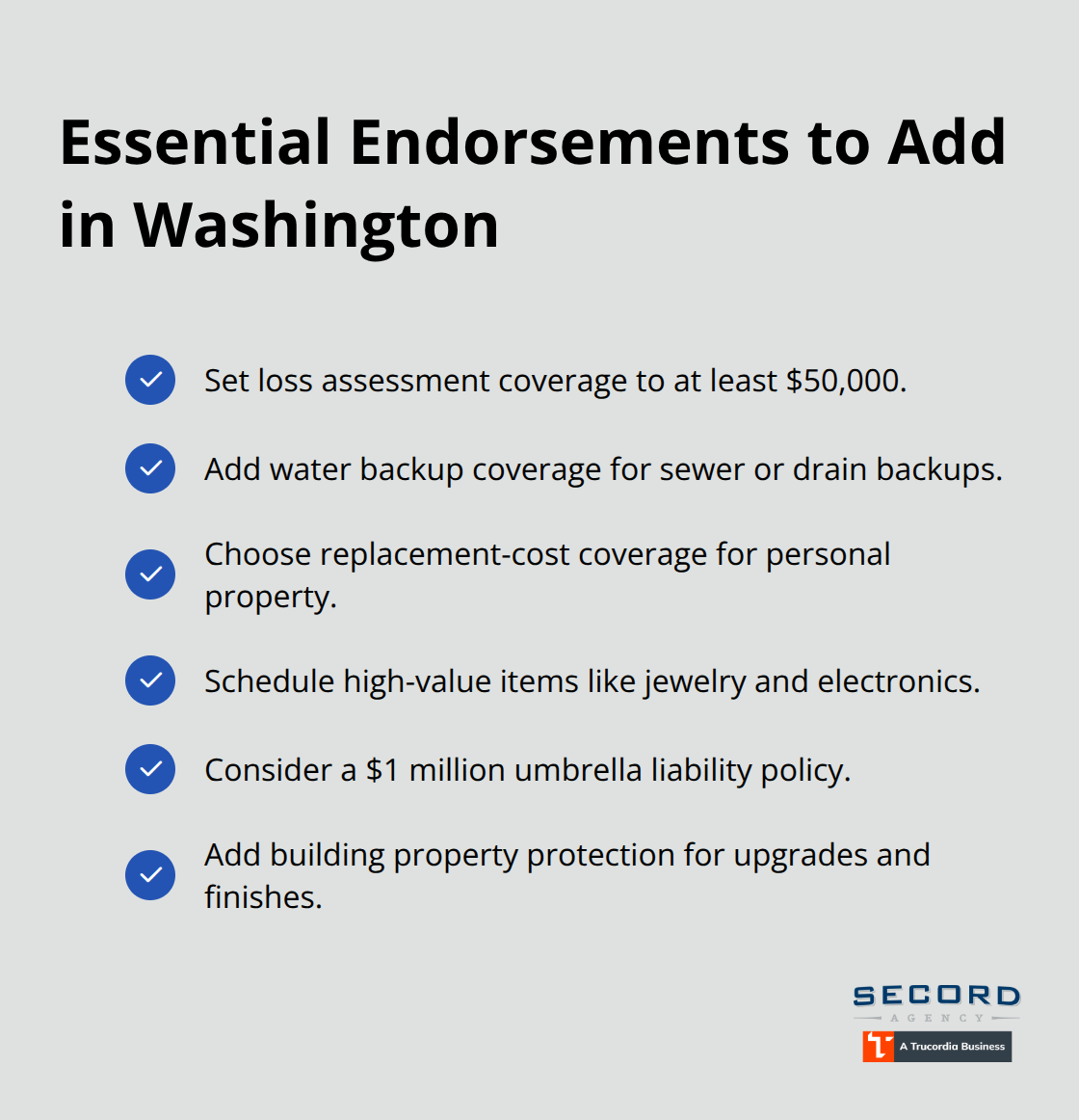 Checklist of critical HO-6 endorsements for Washington condo owners